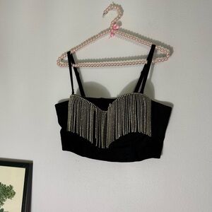 Black rhinestone fringe tassel bustier bra top size XL/42D